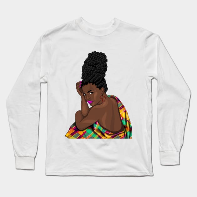 Melanin Queen Afro African Pride Kente Pattern Long Sleeve T-Shirt by Merchweaver